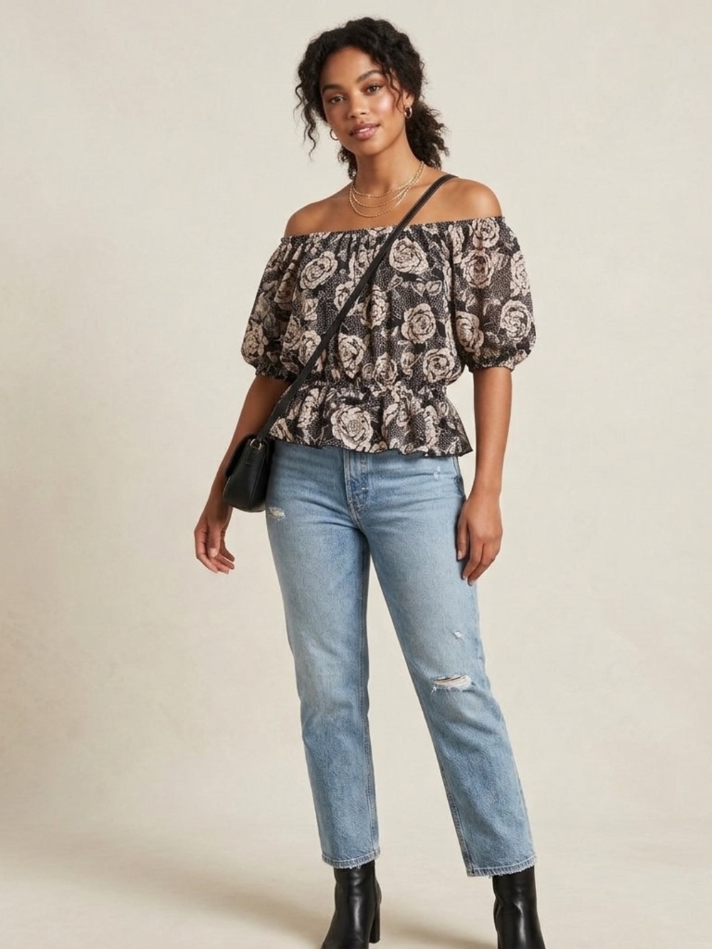 GUESS Black Cream Floral Lace Print Smocked Peplum Off Shoulder Blouse Size M